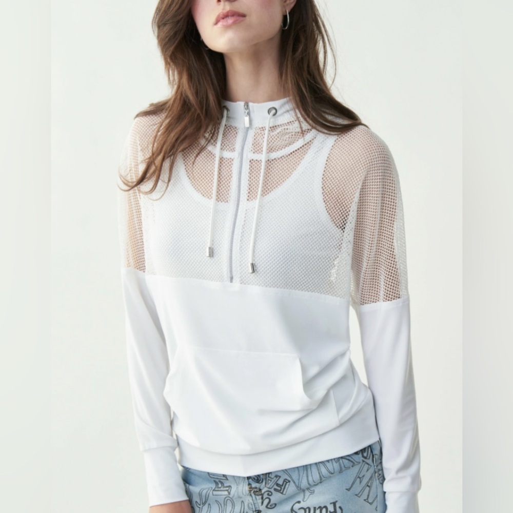 Joseph Ribkoff 221194 Fishnet Twin Set Top in White - Size 12
